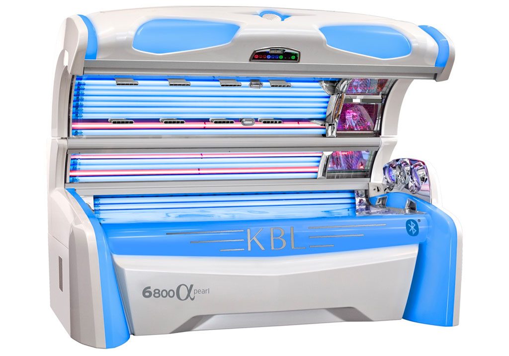 67e59188644d4_6800-alpha-pearl (1)-834e18f A blue and white tanning bed with many lights.